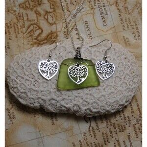 Green Sea Glass Style Tree Necklace and Earring Set Handmade Wire Wrapped